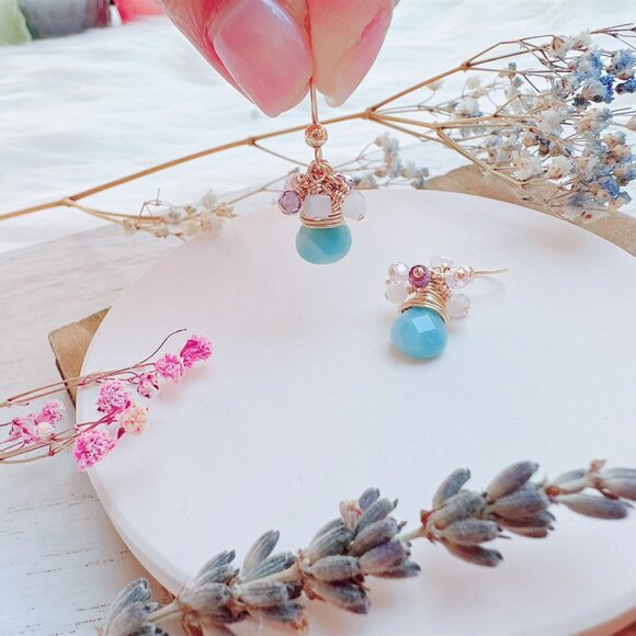 New Blue Quartz and Tiny Gemstones Cluster Earrings | Handmade in BC - Picture 1 of 6